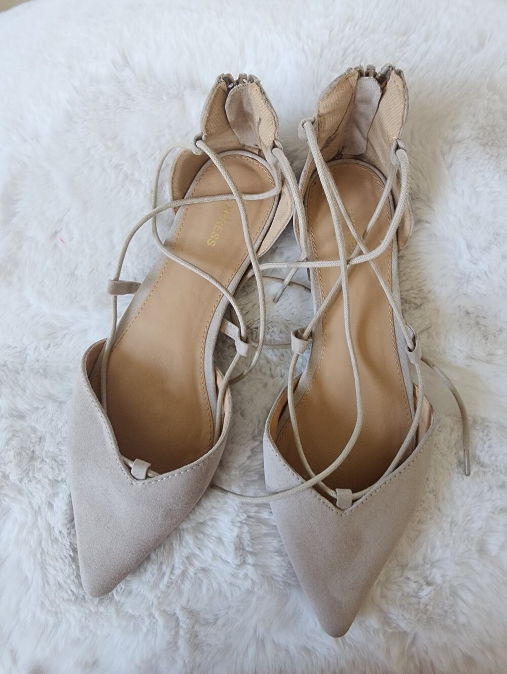 Express Pointed-Toe Lace-Up Flats | Nude Taupe Faux Suede | Size 8